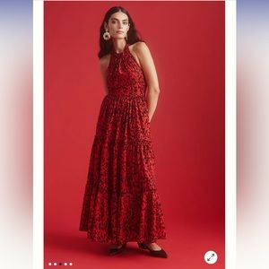 Anthropologie Payal Jain Red Tiered Shoulder-Tie Dress